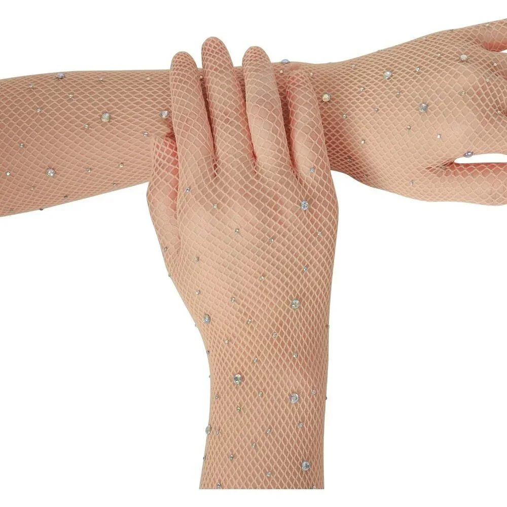 Women's Glitter Brown Rhinestone Elbow Length Long Gloves Halloween Party